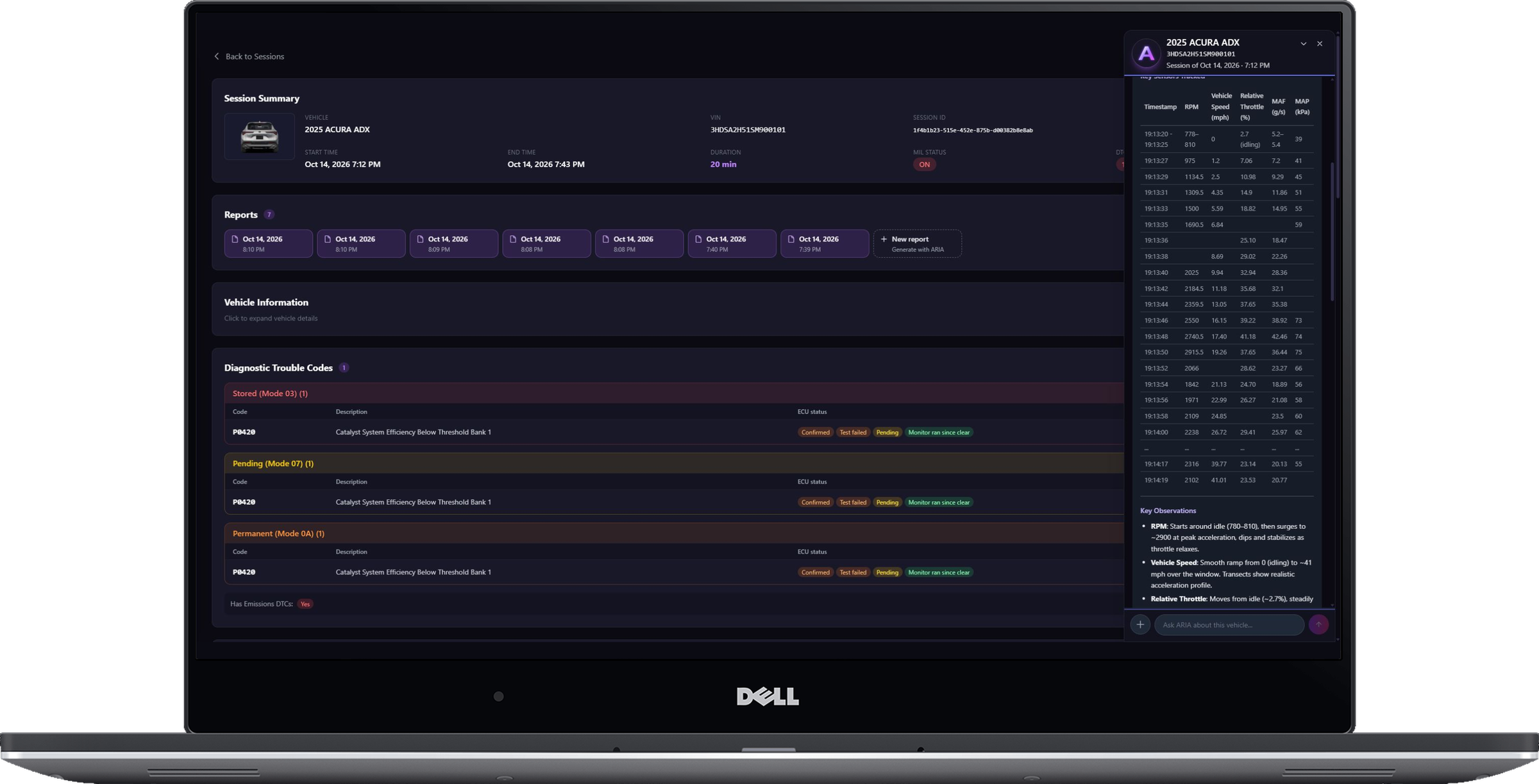 Current OBDAI web dashboard and ARIA analysis of a simulated Acura ADX recording