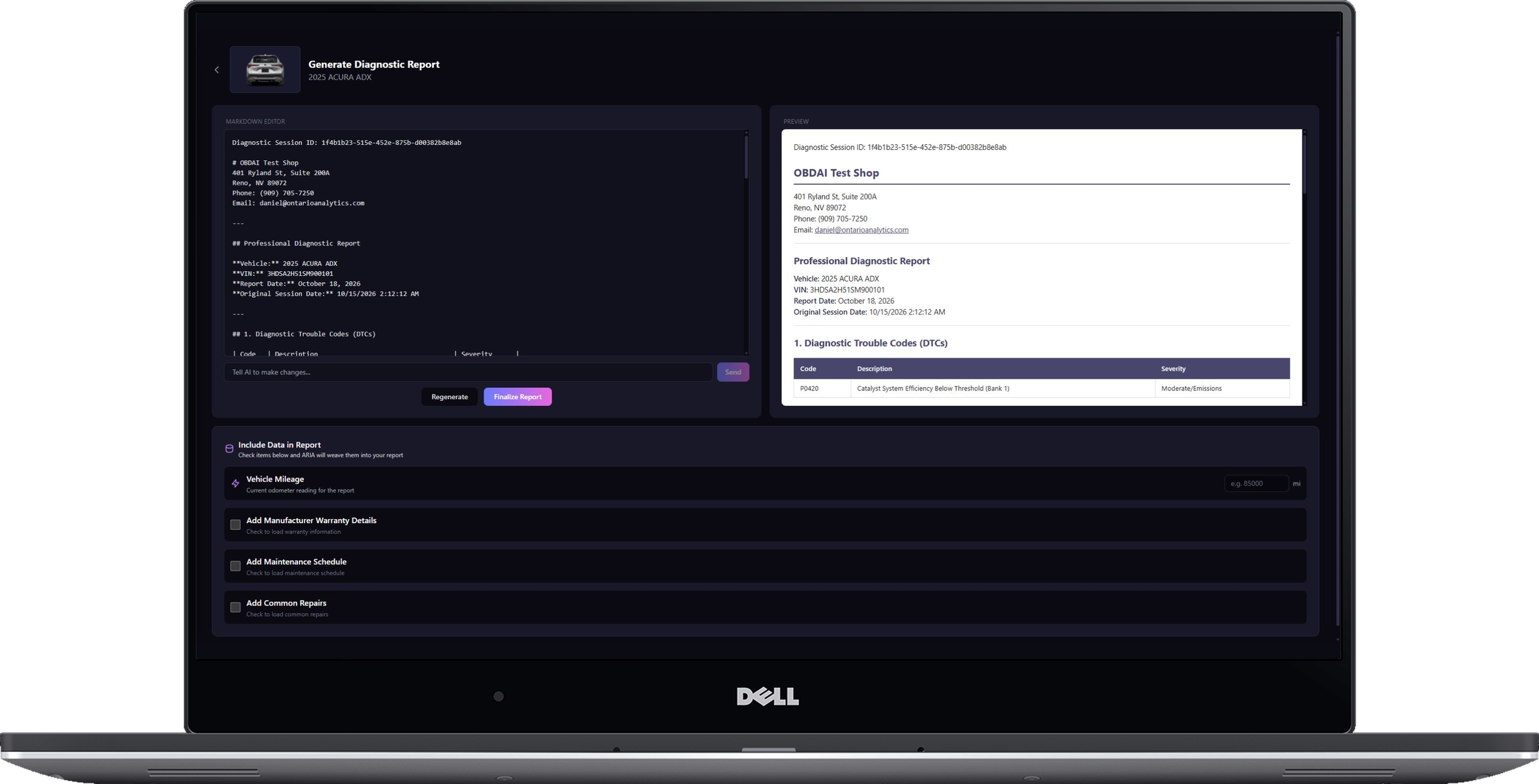 Real OBDAI PRO Diagnostic Report builder with warranty, maintenance and repair options