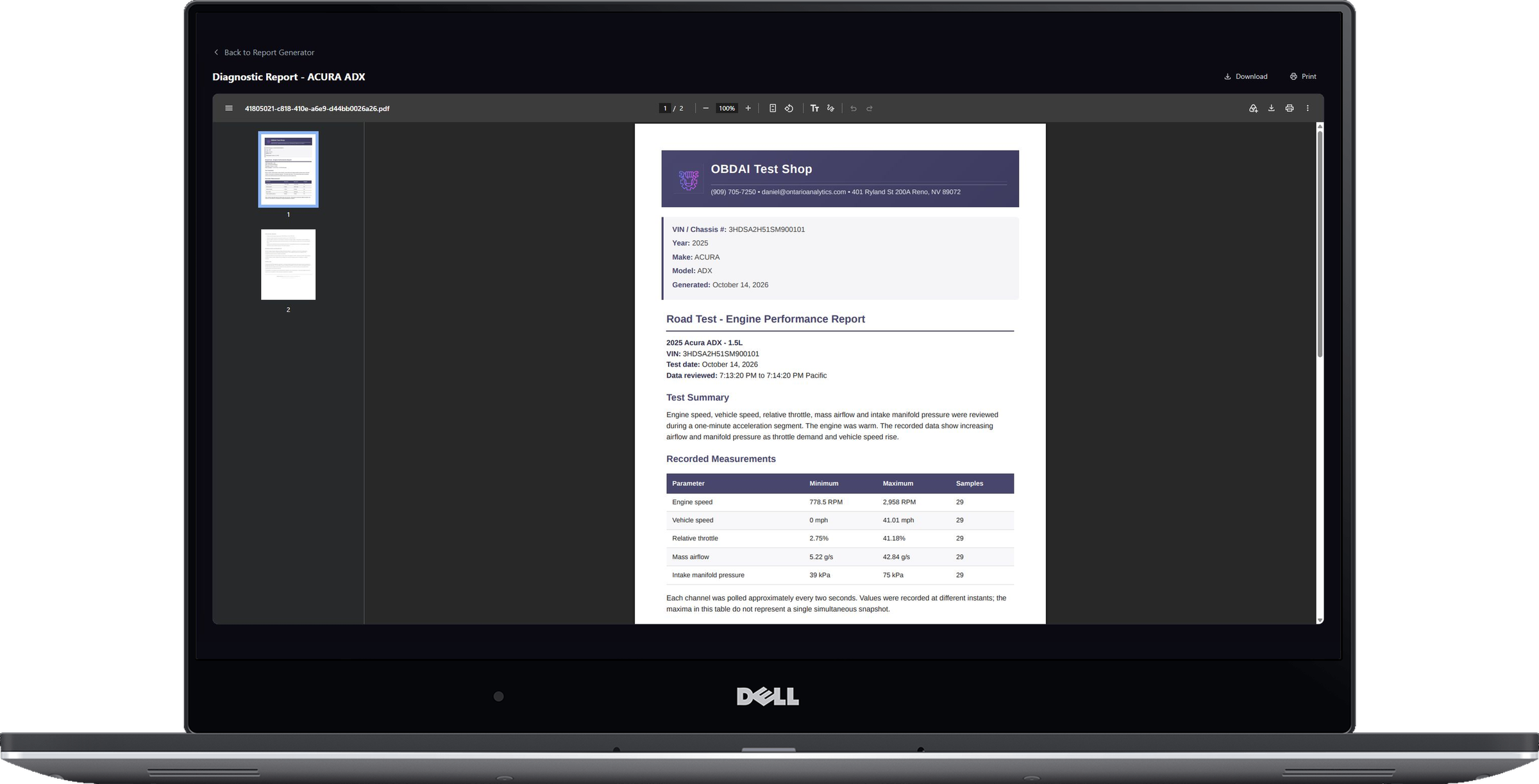 Real saved OBDAI diagnostic report with multiple pages, download and print controls