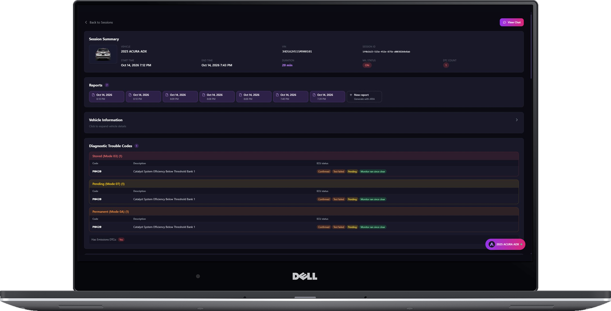 obdai-web-session-evidence-laptop-dark-20261018 - OBDAI Dark vehicle diagnostics dashboard showing a Session Summary with car image and timings, and sections for Reports and Diagnostic Trouble Codes (DTCs).