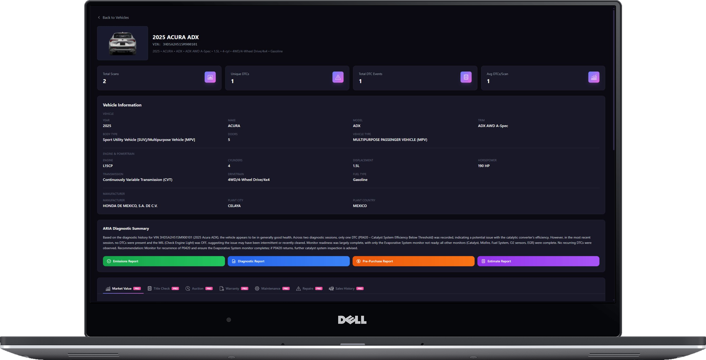 obdai-web-vehicle-profile-laptop-dark-20261018 - OBDAI Dashboard screen showing a 2025 Acura ADX vehicle profile with vehicle details, scans, and diagnostics in a dark-themed interface on a laptop.