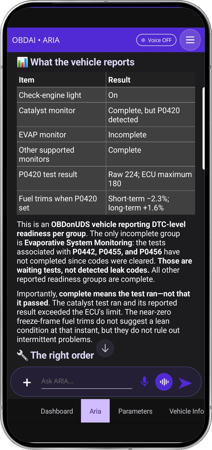 How do I get this car ready? — actual ARIA answer in the OBDAI app