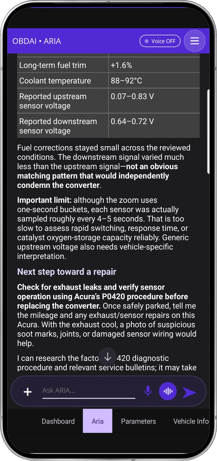 ARIA follows up on the recording — actual ARIA answer in the OBDAI app